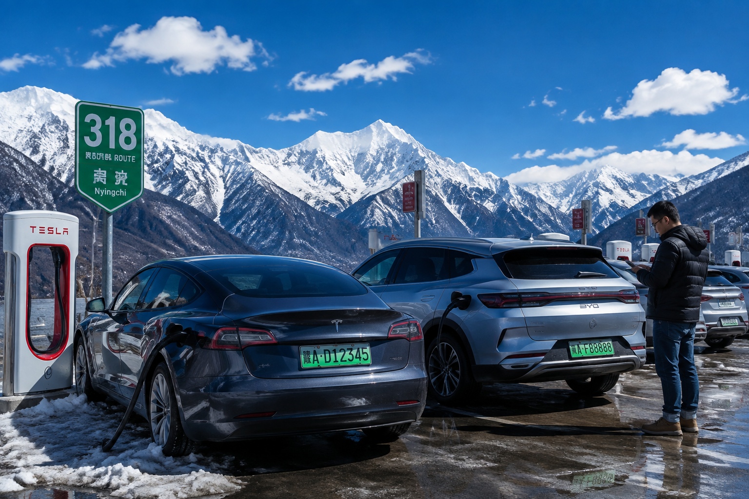 Electric cars charging on Highway 318 in Tibet