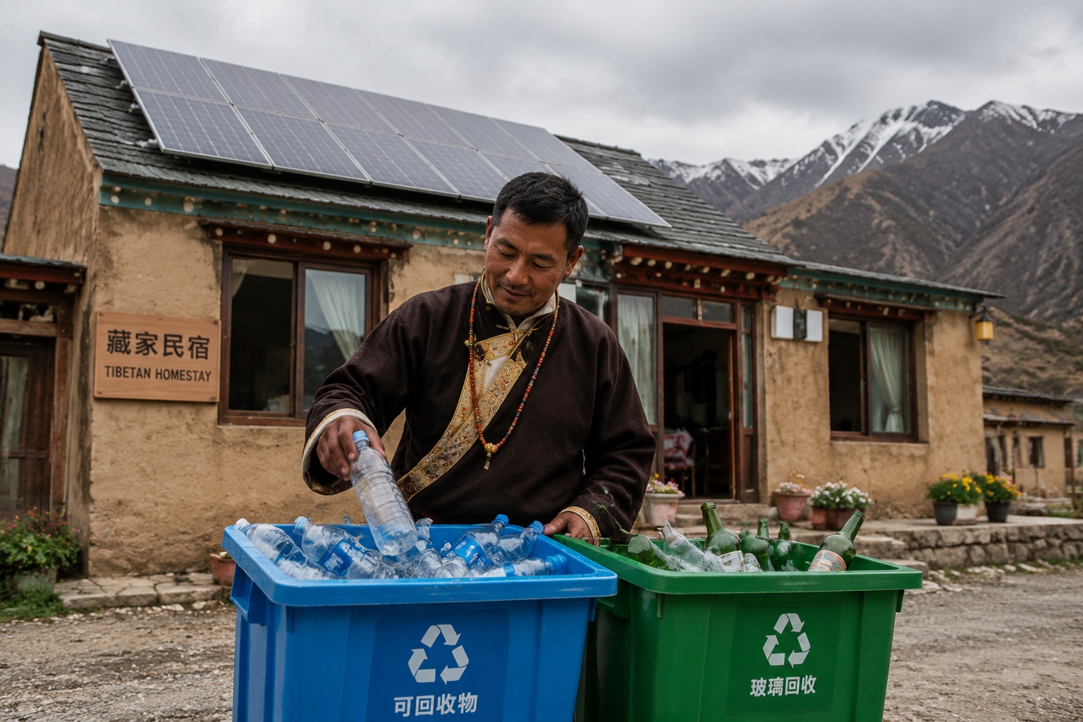 Tibetan homestay owner recycling waste with solar panels