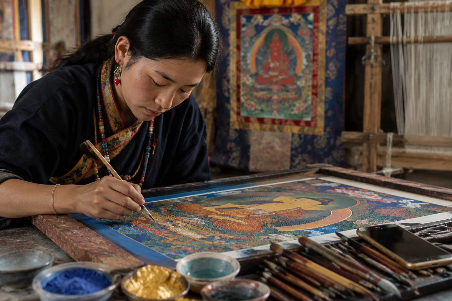 Tibetan thangka artist painting intricate religious art with a brush in a traditional studio, with mineral pigments and a digital tablet nearby.