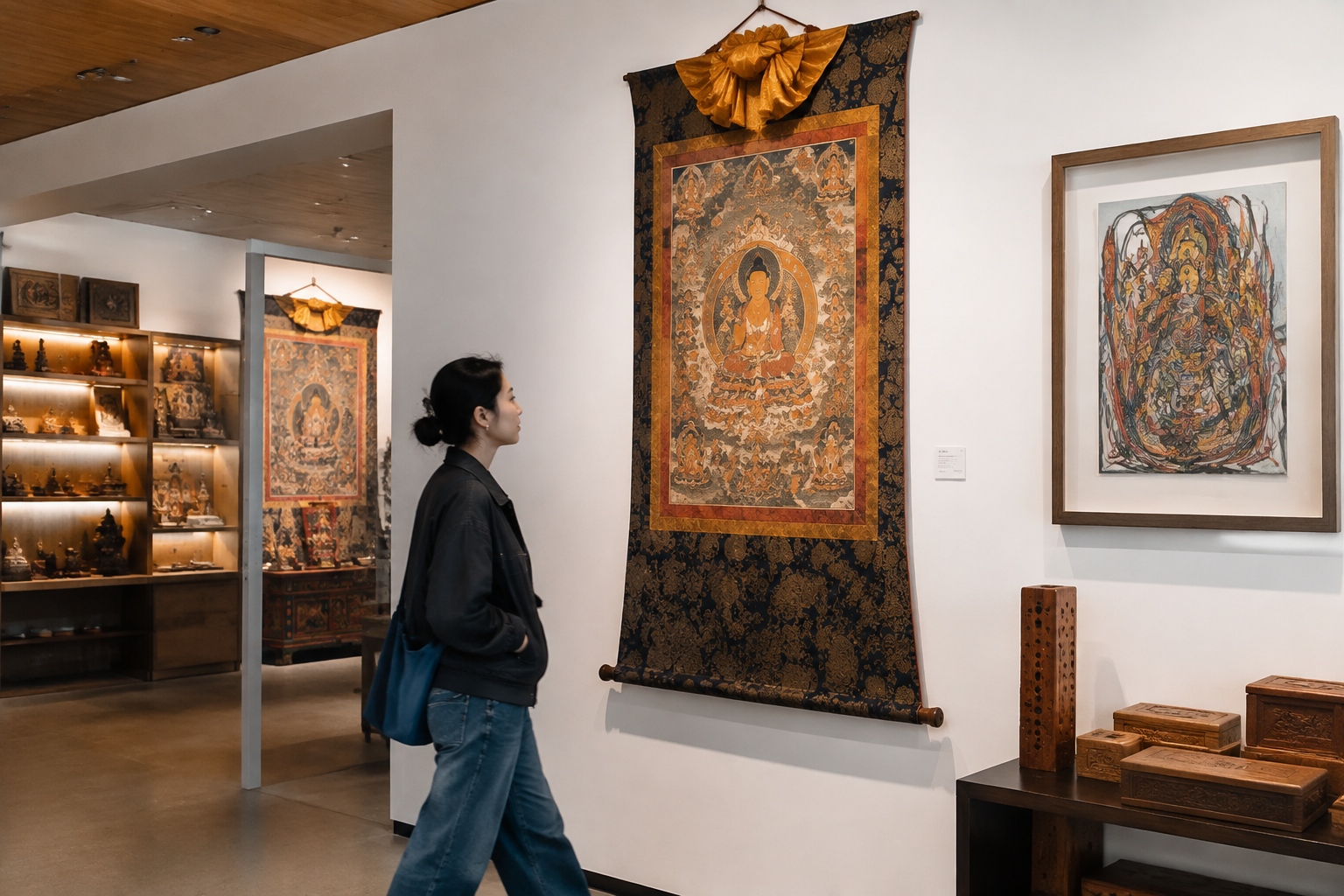 Modern gallery or boutique displaying Tibetan thangka paintings and incense boxes alongside contemporary furniture, with a visitor browsing.