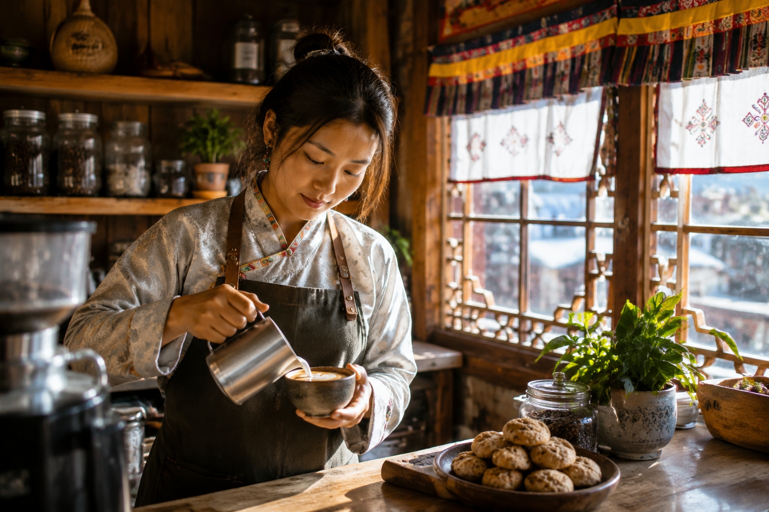 Young Tibetan woman barista pouring latte art in a café with traditional Tibetan window and wooden shelves