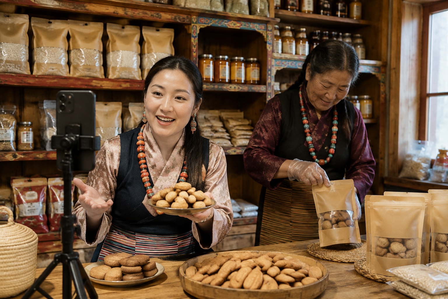 Tibetan entrepreneur Drolma livestreaming highland barley cookies from her Lhasa kitchen while her mother packs boxes