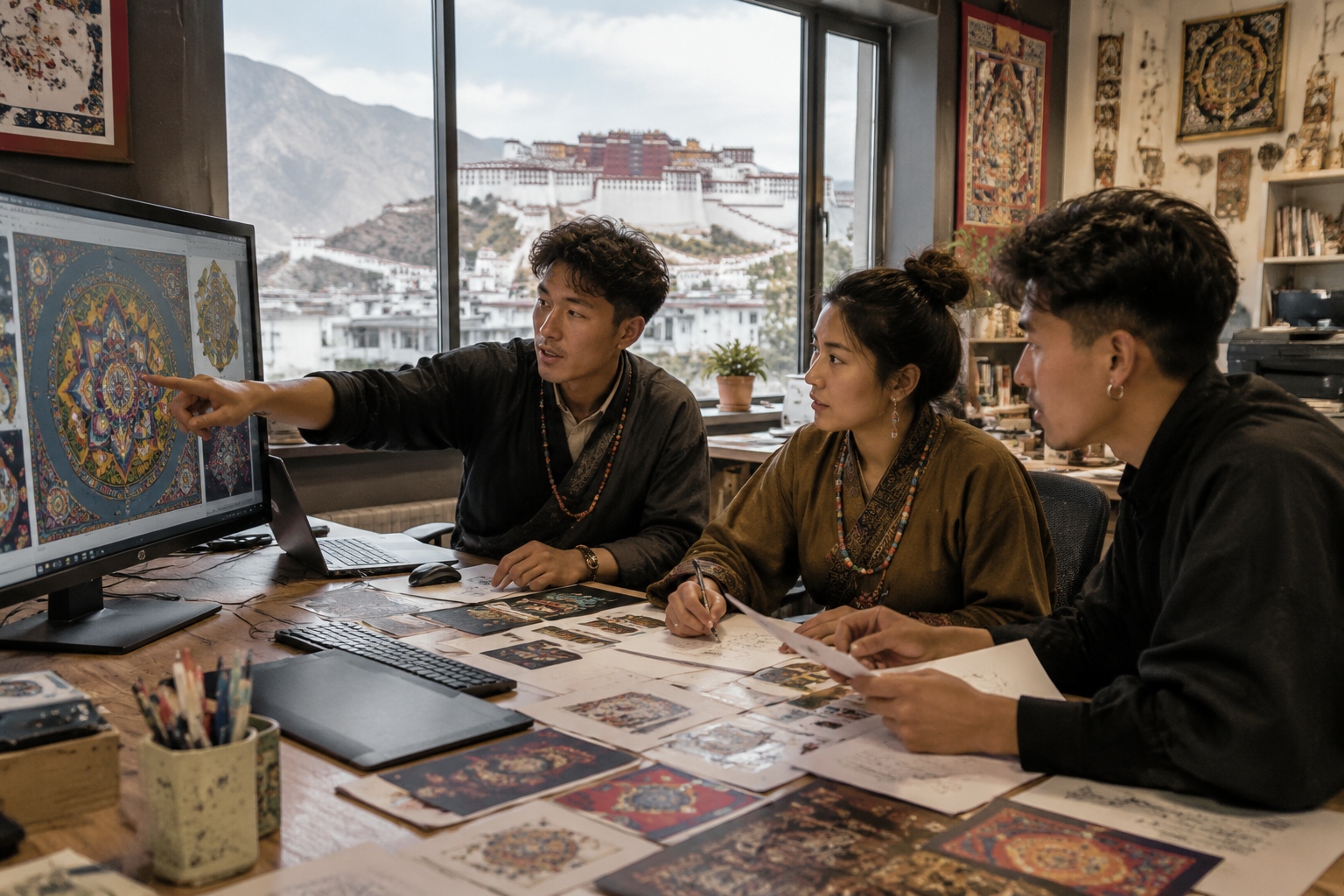 Young Tibetan designer Losang presenting his cultural digital collectibles to colleagues in a Lhasa studio