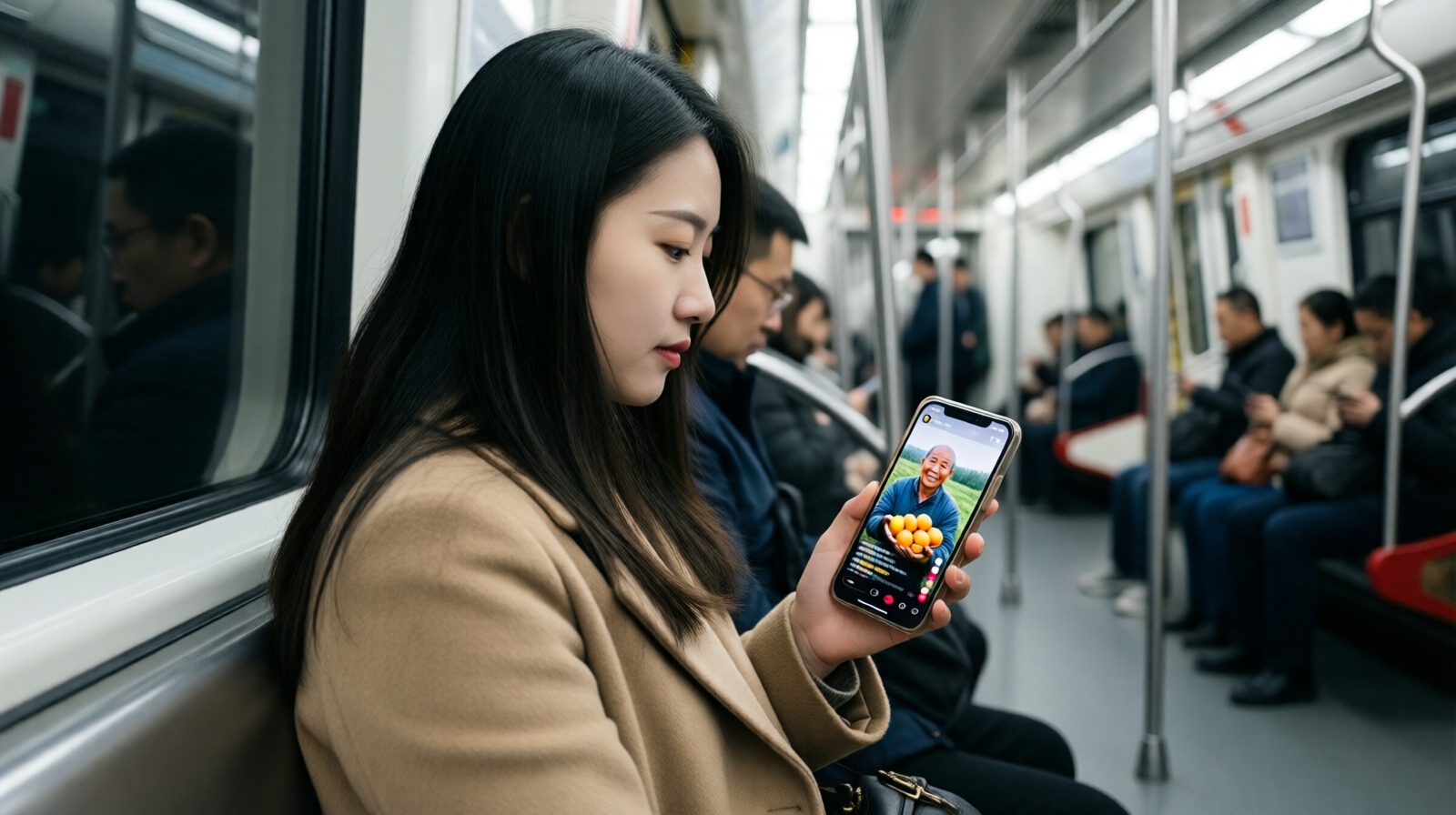 A young woman scrolls through Douyin on a Shanghai subway, watching a video of a farmer with oranges, illustrating the diverse and everyday content on the platform.