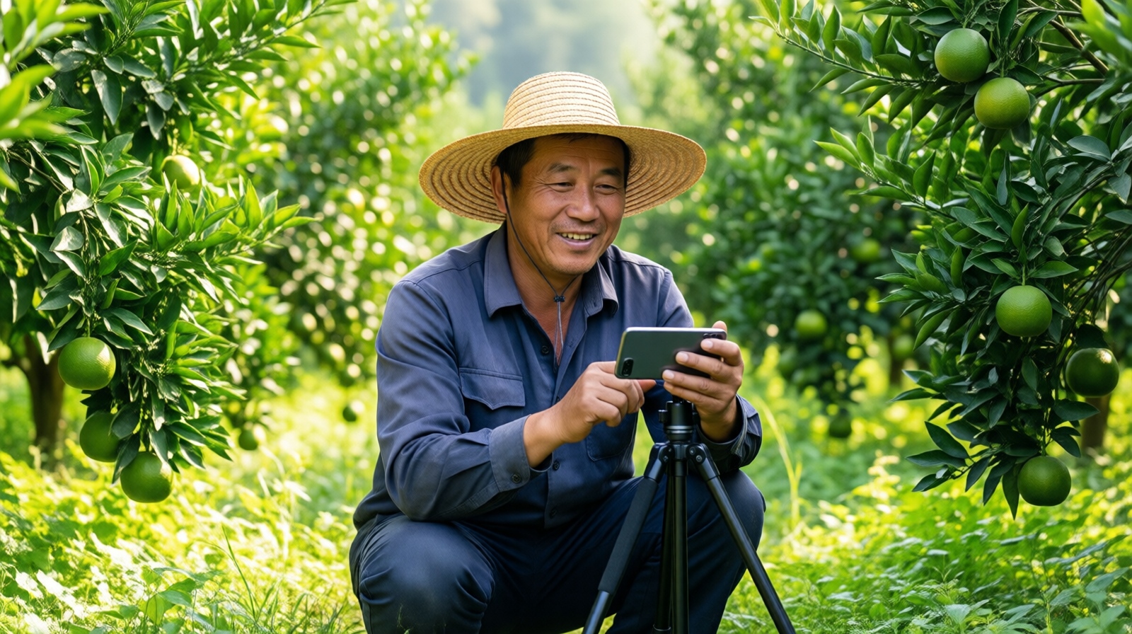 A Chinese farmer in a rural orchard uses a smartphone to record a short video for Douyin, demonstrating how ordinary people can gain visibility and sell products online.
