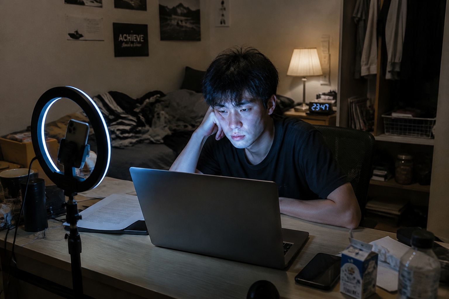 A young content creator in Guangzhou late at night editing a Douyin video, illustrating the pressure and 'traffic anxiety' felt by creators who must follow algorithmic trends.