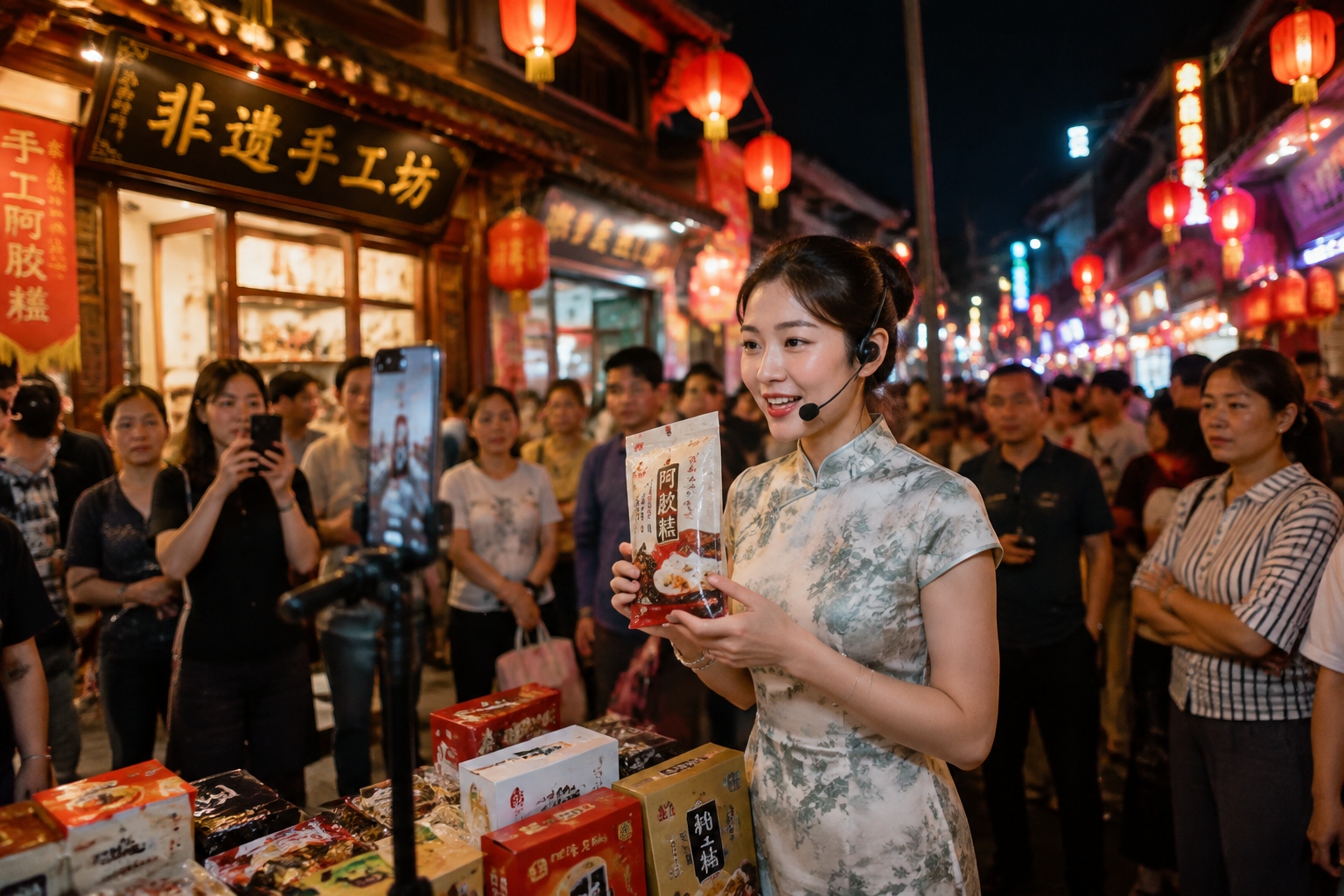 A female livestreamer at a night market in China sells local snacks via Douyin live streaming, demonstrating the fusion of entertainment and e-commerce unique to the platform.