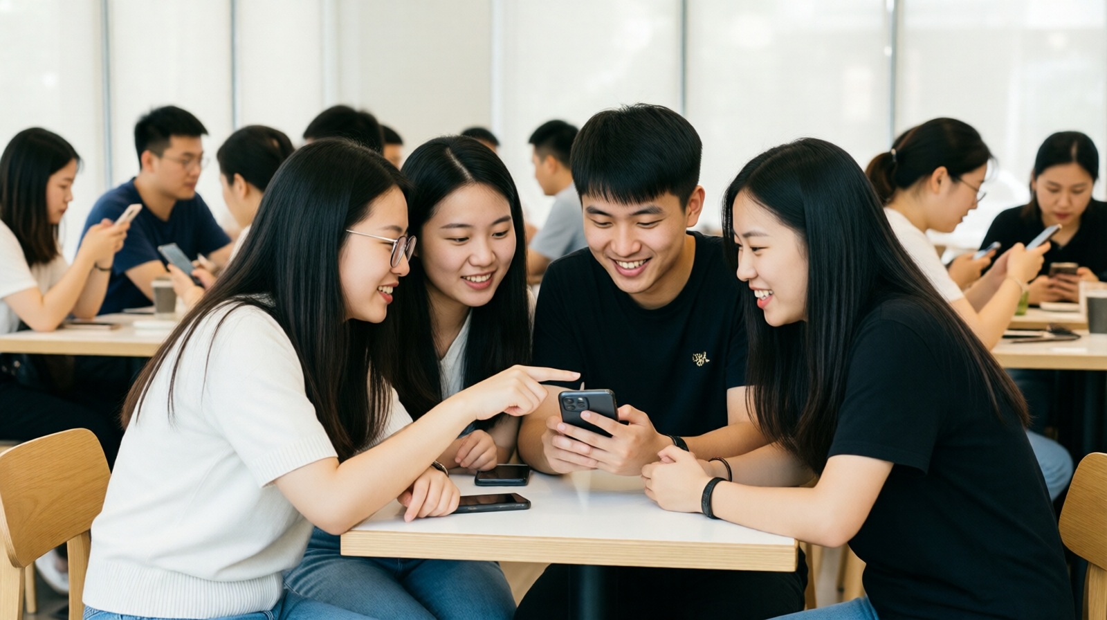 Four young Chinese friends huddled around a smartphone in a café, discussing a Weibo Hot Search topic, representing the public square nature of the platform.