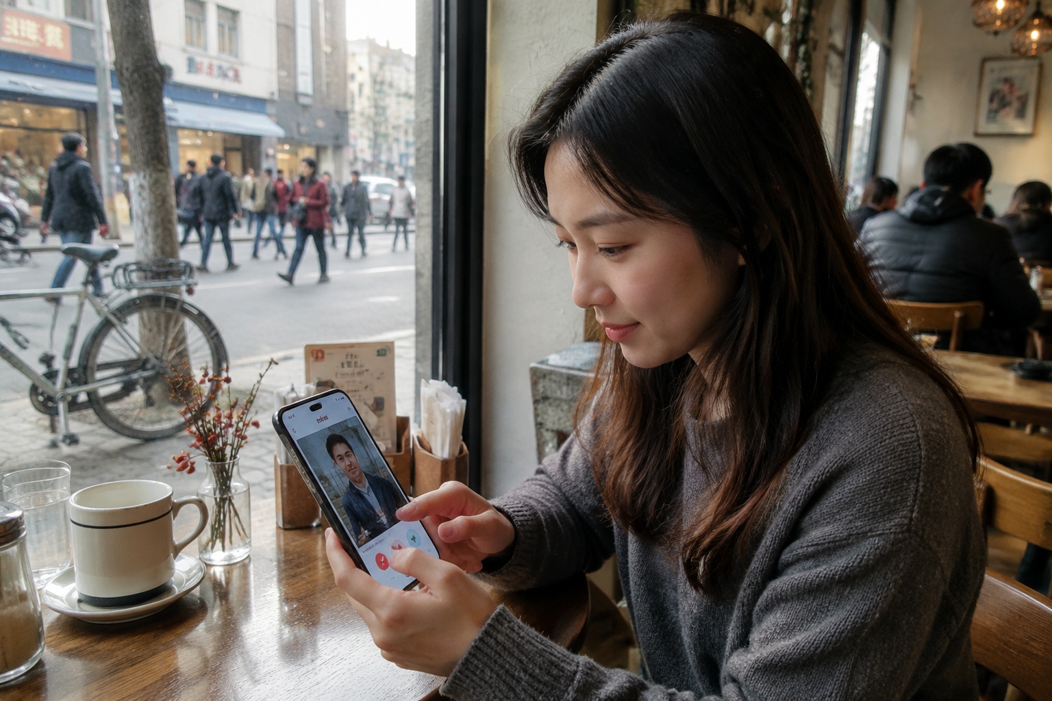 A young Chinese woman in a coffee shop swiping on a dating app while a blurred street scene continues behind the window.