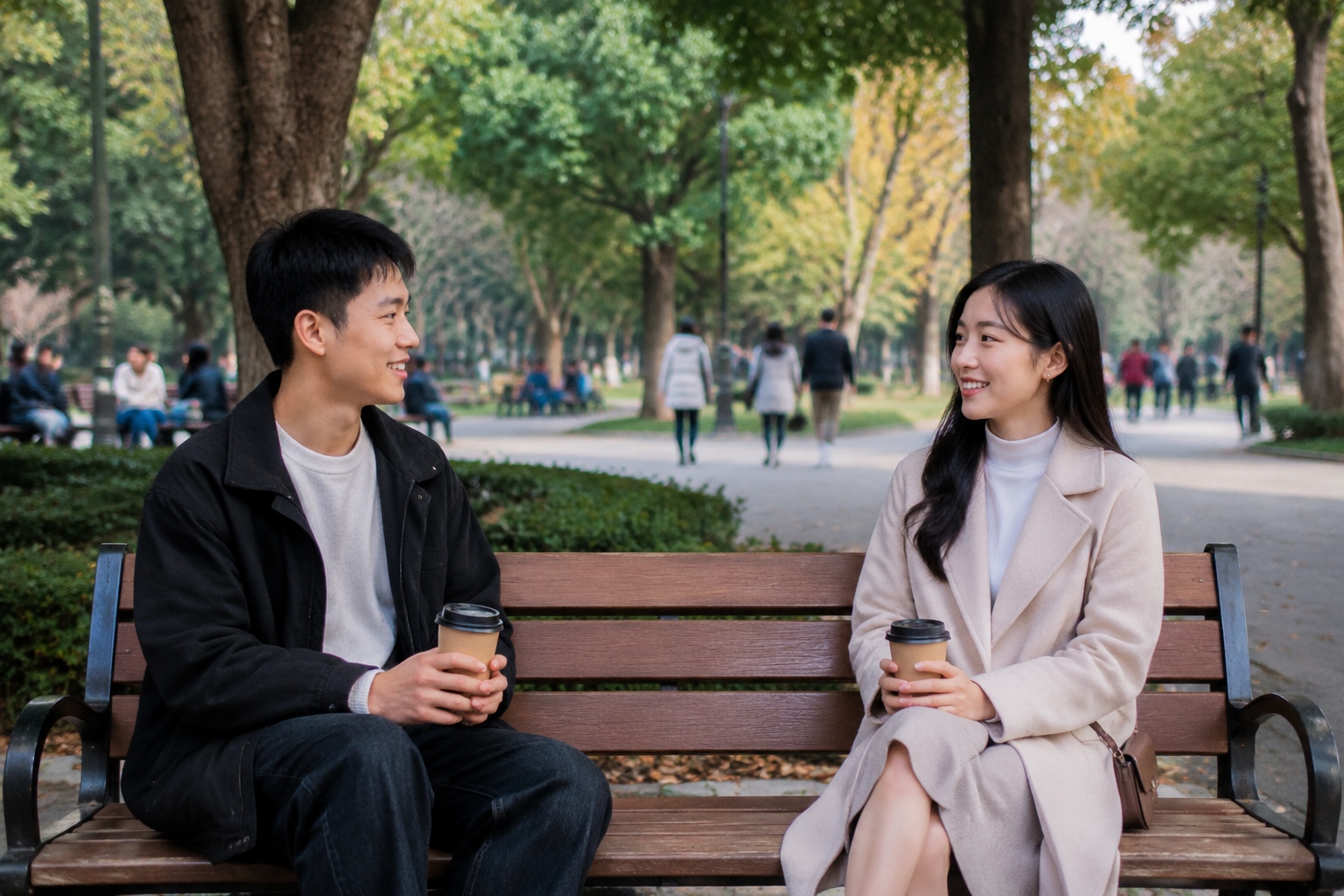 A first date in a Chinese park: a young man and woman sit on a bench holding coffee, smiling with a mix of friendliness and hesitation.