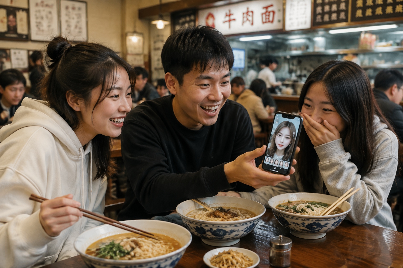 Three friends laugh at a beauty-filter selfie on a smartphone in a busy Chinese noodle shop.