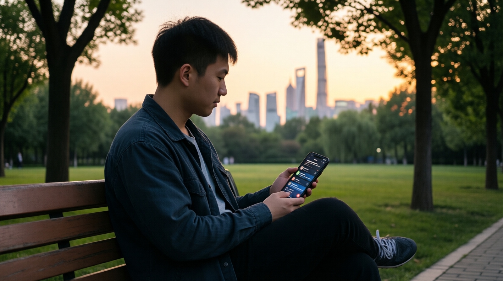 A young Chinese man sits on a park bench at dusk, holding a smartphone with a voice note app open, representing the anonymous social connection on Soul app.