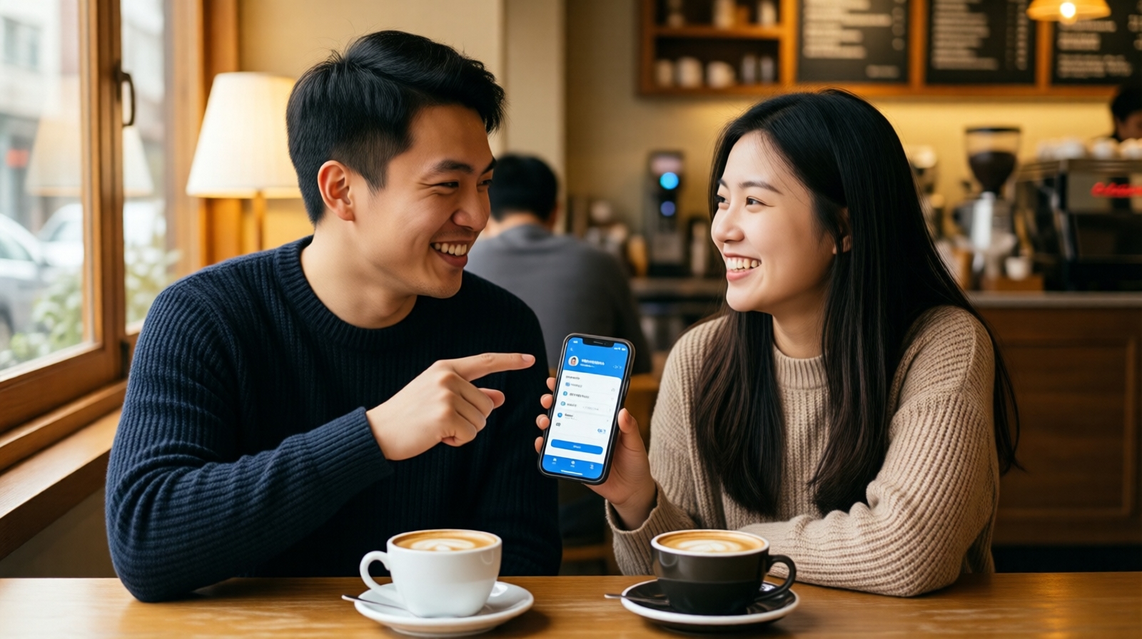 A young Chinese couple meets in a coffee shop after connecting on Soul app, smiling and talking, showing how anonymous connections can lead to real-life relationships.