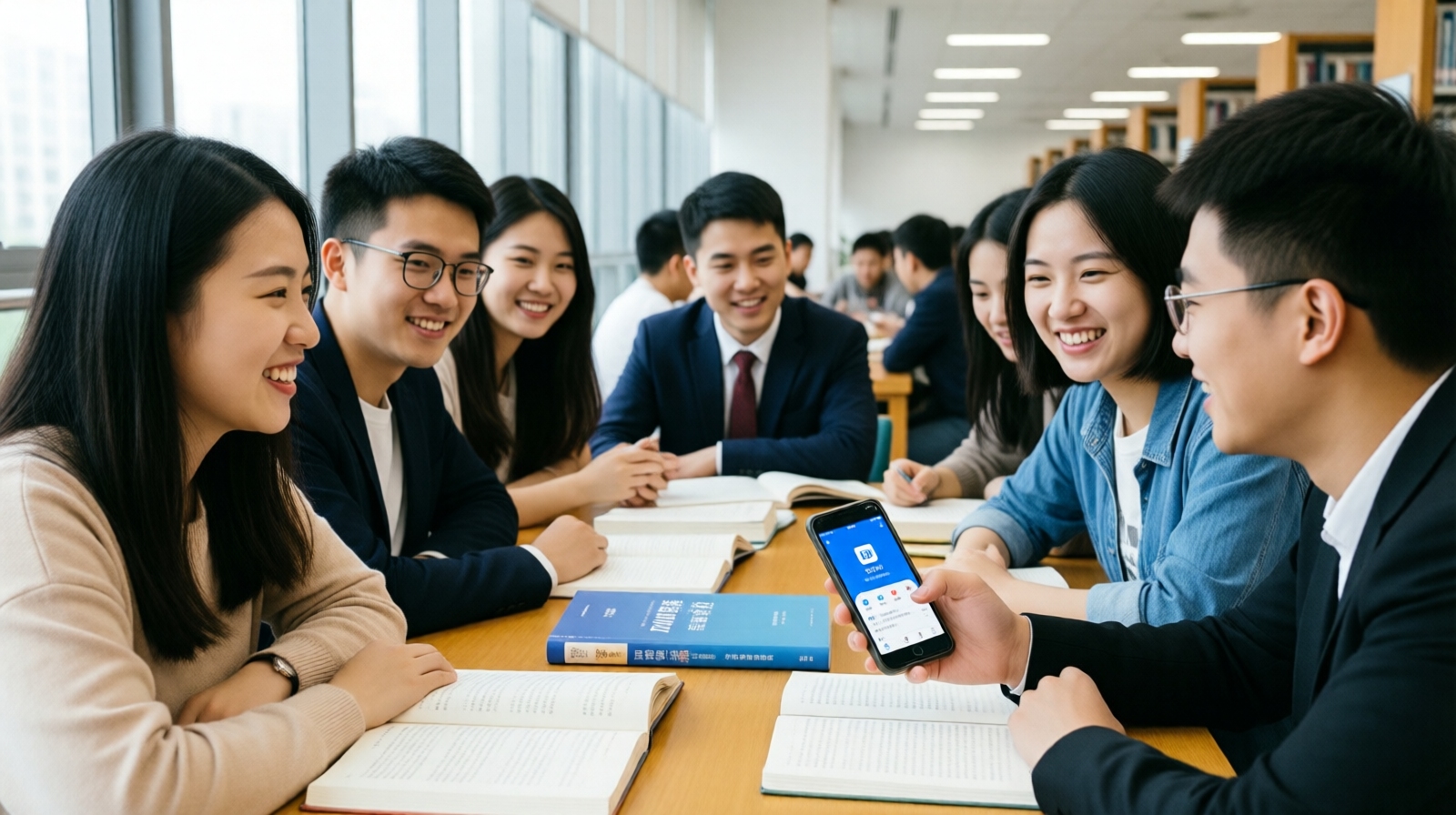 Group of Chinese students and professionals discussing while looking at a Zhihu app on a smartphone, demonstrating the platform's intellectual community aspect.