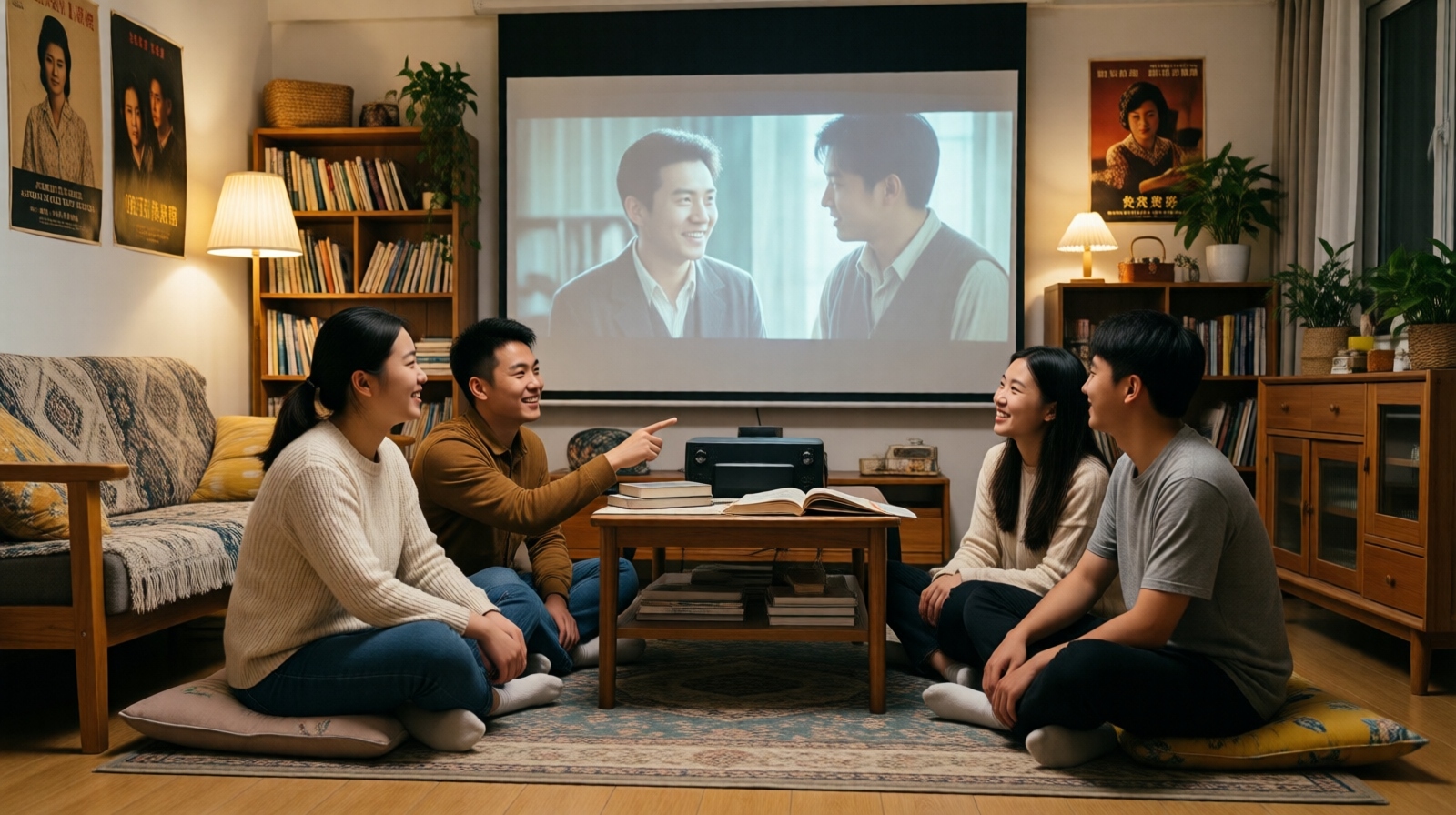 A group of Chinese friends gathered in a living room for a Douban film group screening, watching a classic movie on a projector with books and posters in the background.