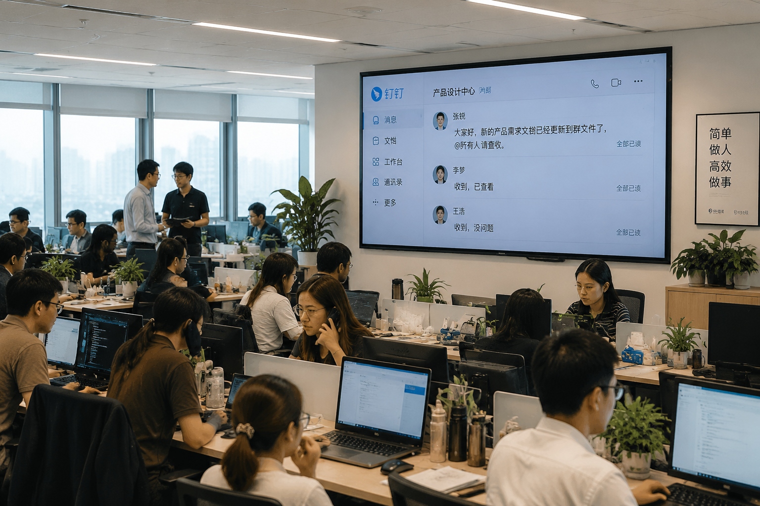 Chinese office workers in a modern open-plan office using DingTalk app on computers and phones, with DingTalk interface visible on a large wall screen showing group chat and read receipts.