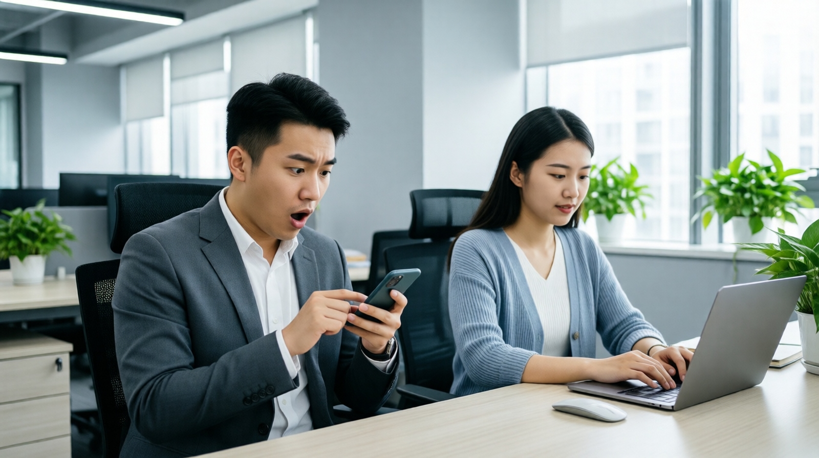 Two colleagues in a modern Chinese office, one checking a workplace gossip post on Maimai while the other works on a laptop.