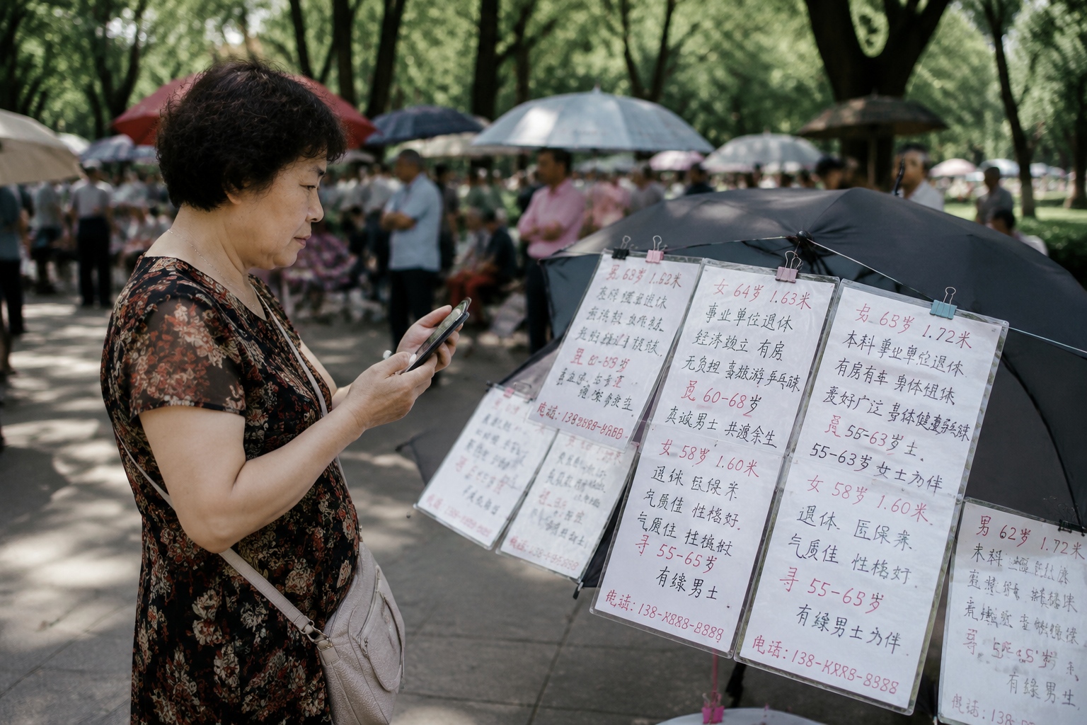 Chinese mother using a smartphone at a park matchmaking corner with profile sheets on an umbrella