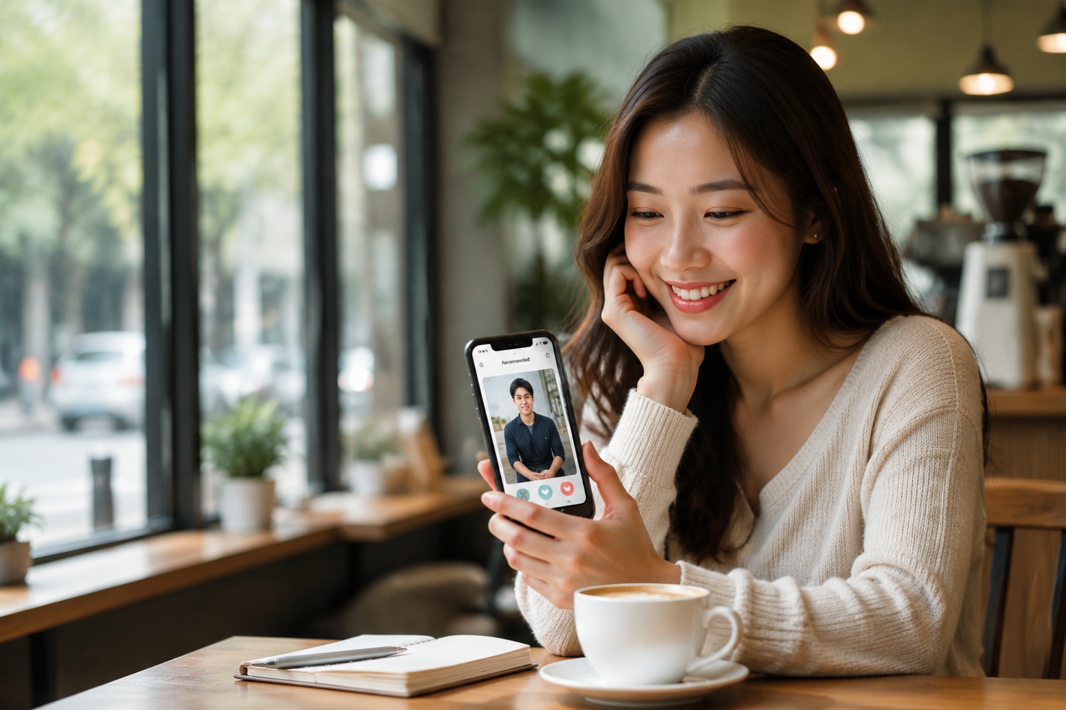 Young Chinese woman using a dating app on her smartphone in a café