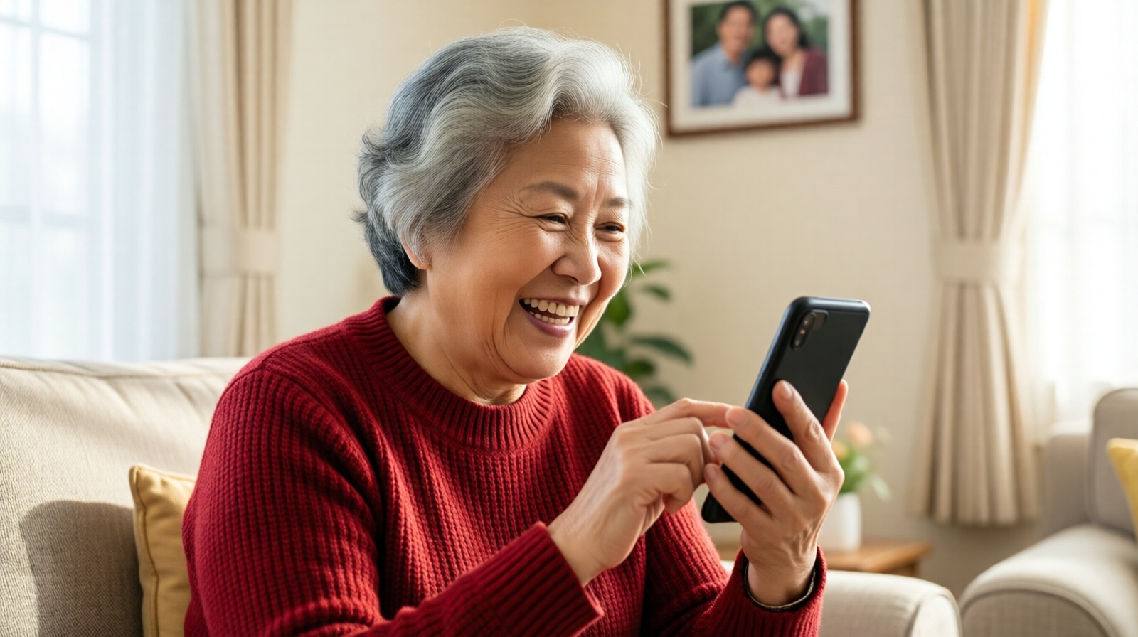 Chinese grandmother laughing while using WeChat on her smartphone in a cozy living room