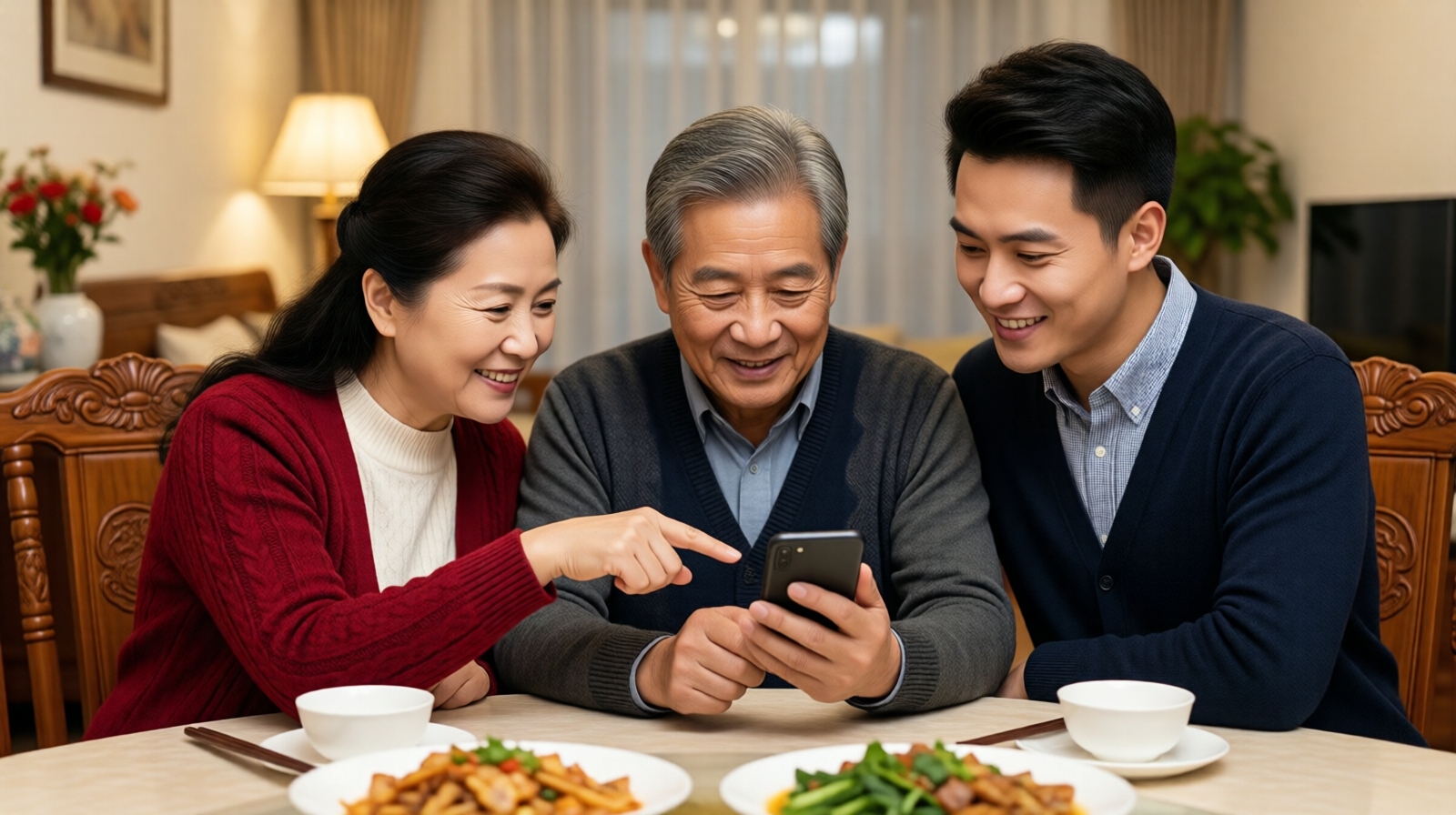 Multi-generational Chinese family gathered around a smartphone, discussing a WeChat family group message