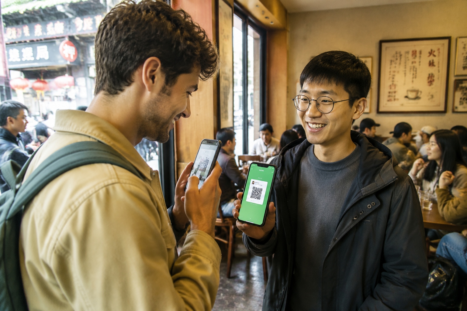 Foreign expat scanning a WeChat QR code to add a Chinese friend at a café in China