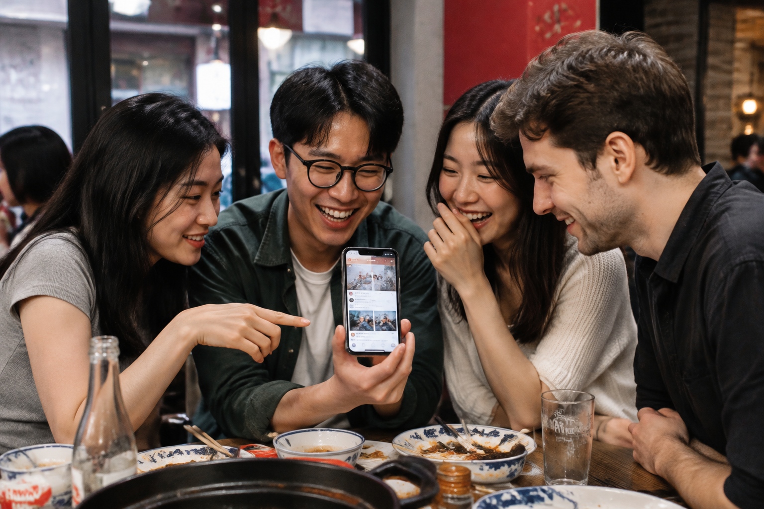 Chinese and foreign friends laughing while browsing WeChat Moments on a smartphone