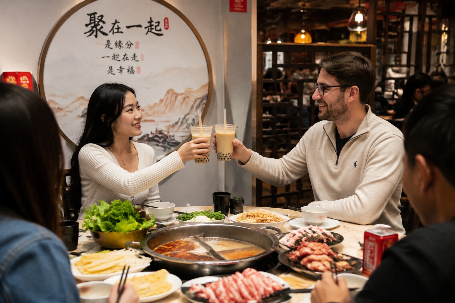 Friends toasting with bubble tea instead of alcohol at a Chinese hotpot dinner
