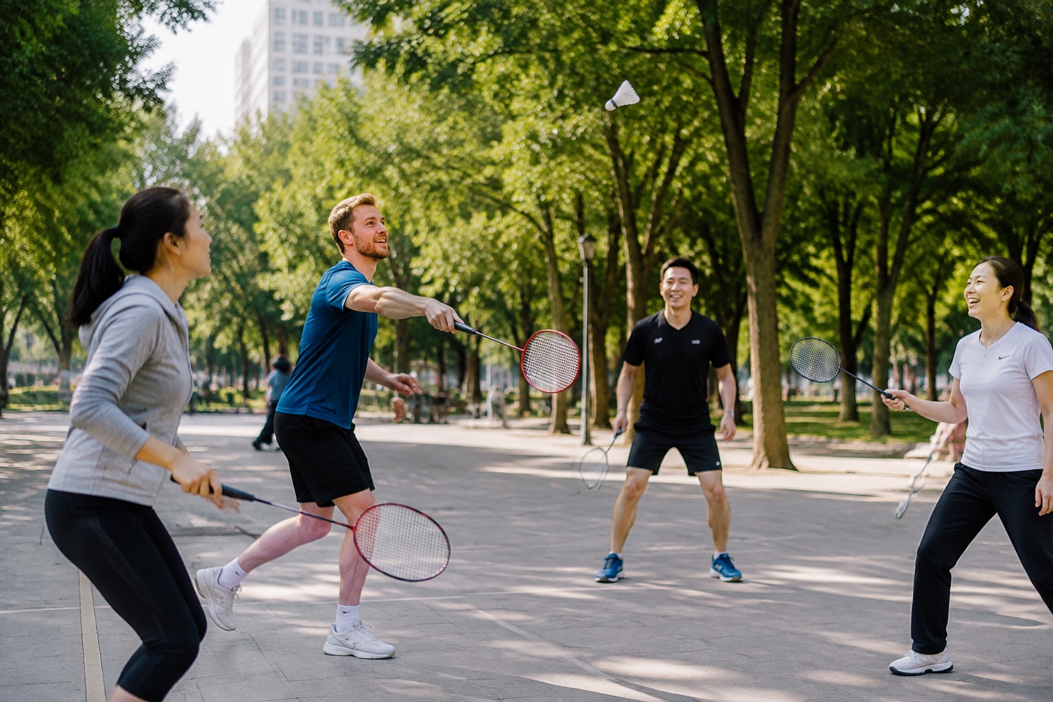 A foreign expat and Chinese friends playing badminton together in a park
