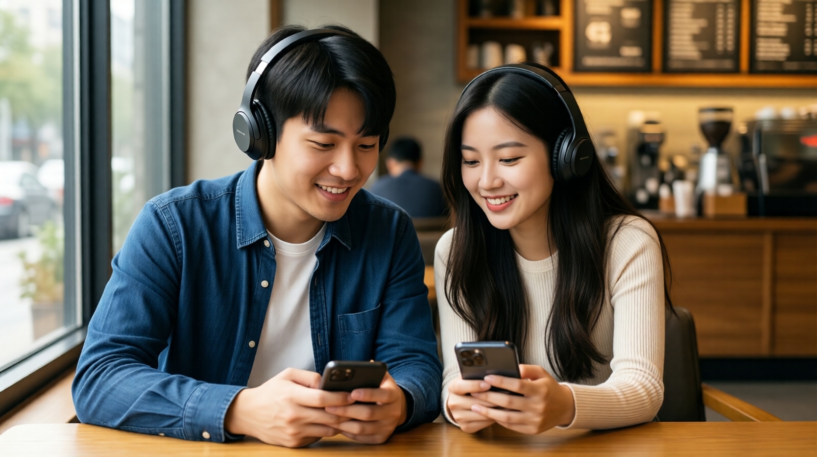 A young Chinese couple wearing headphones in a coffee shop, smiling as they use voice chat apps on their phones, illustrating modern voice romance and digital intimacy.