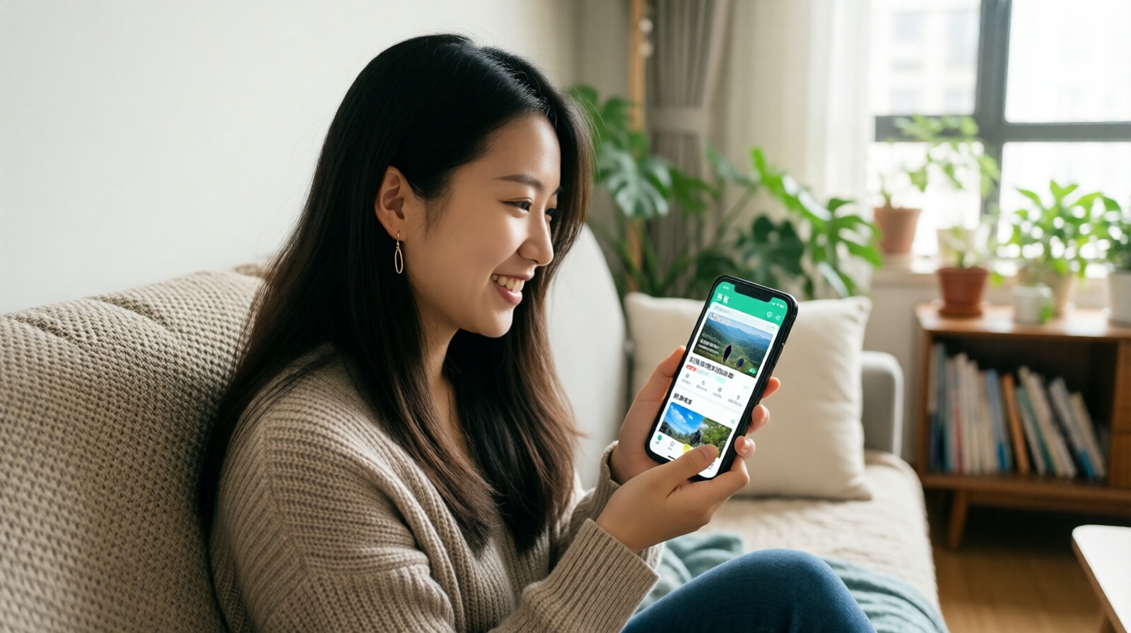 A young woman in Shanghai browsing a Douban group for weekend hiking on her phone, illustrating the first step of finding like-minded friends through interest-based communities.