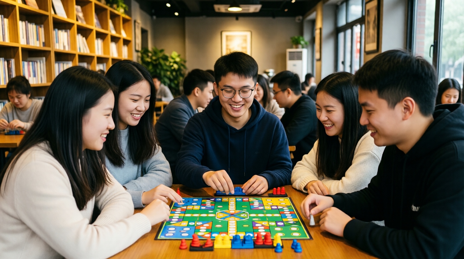 A multicultural group of friends playing board games at a café in Chengdu, demonstrating the kind of real-life meetup that can be found through Douban interest groups.