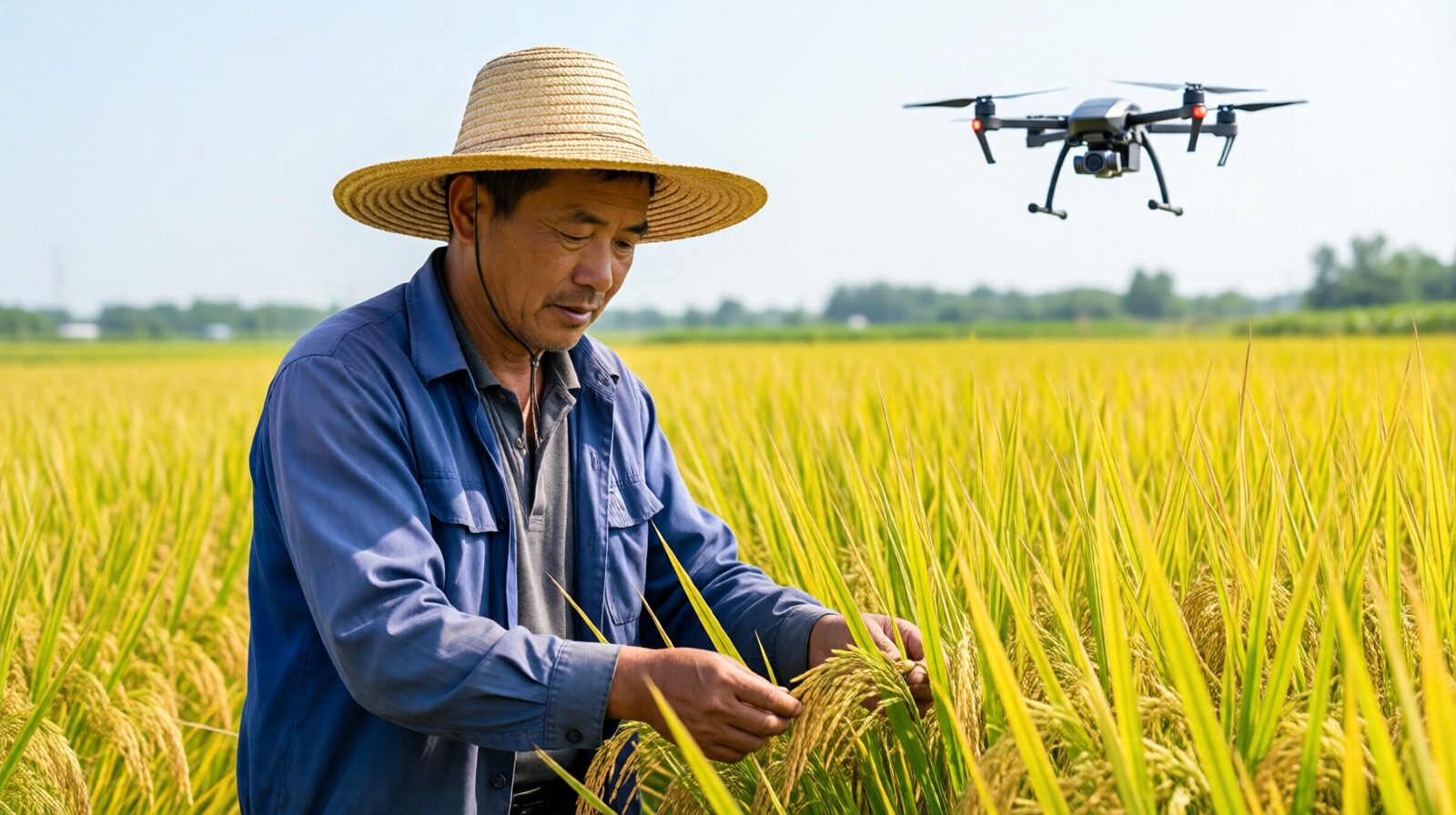 Chinese farmer inspecting hybrid rice in a paddy field with a drone overhead, illustrating agricultural technology in China