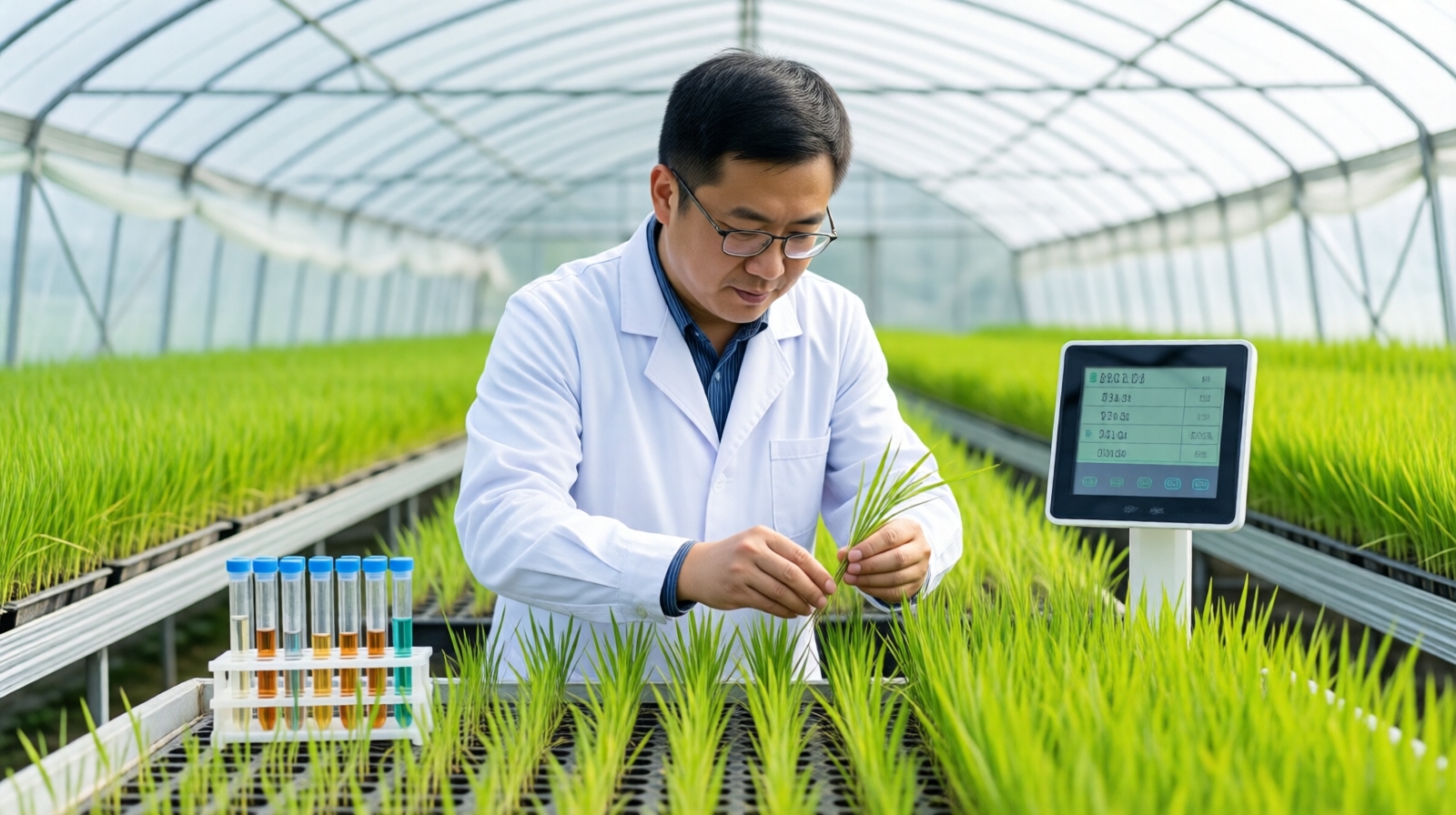 Agricultural scientist working with rice seedlings in a Chinese research greenhouse, showing modern crop breeding