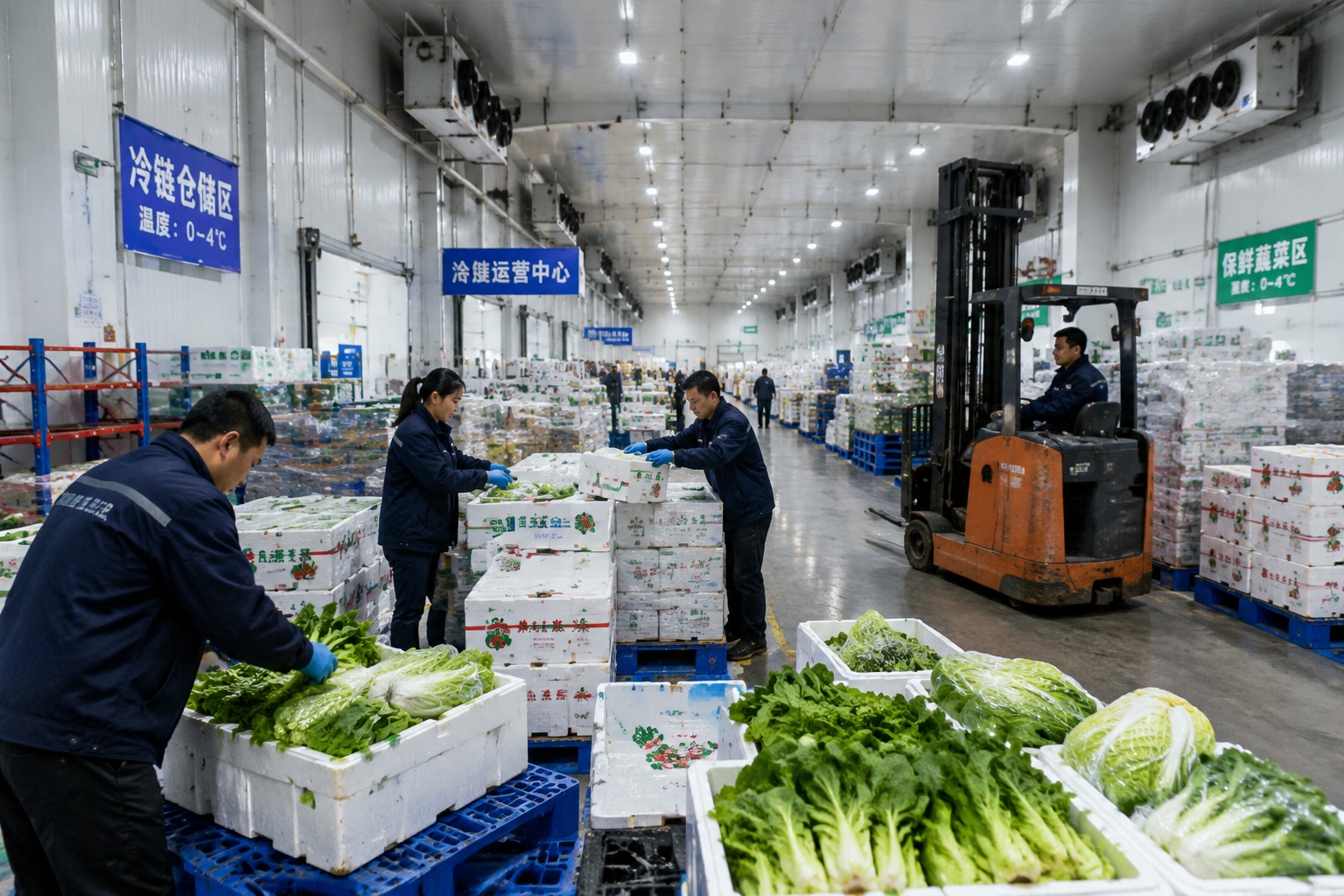 Refrigerated warehouse in China with workers stacking fresh vegetables, representing cold chain logistics for food supply