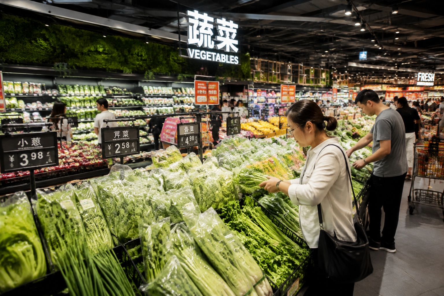 Supermarket fresh produce section in China with customers shopping, showing diverse food supply