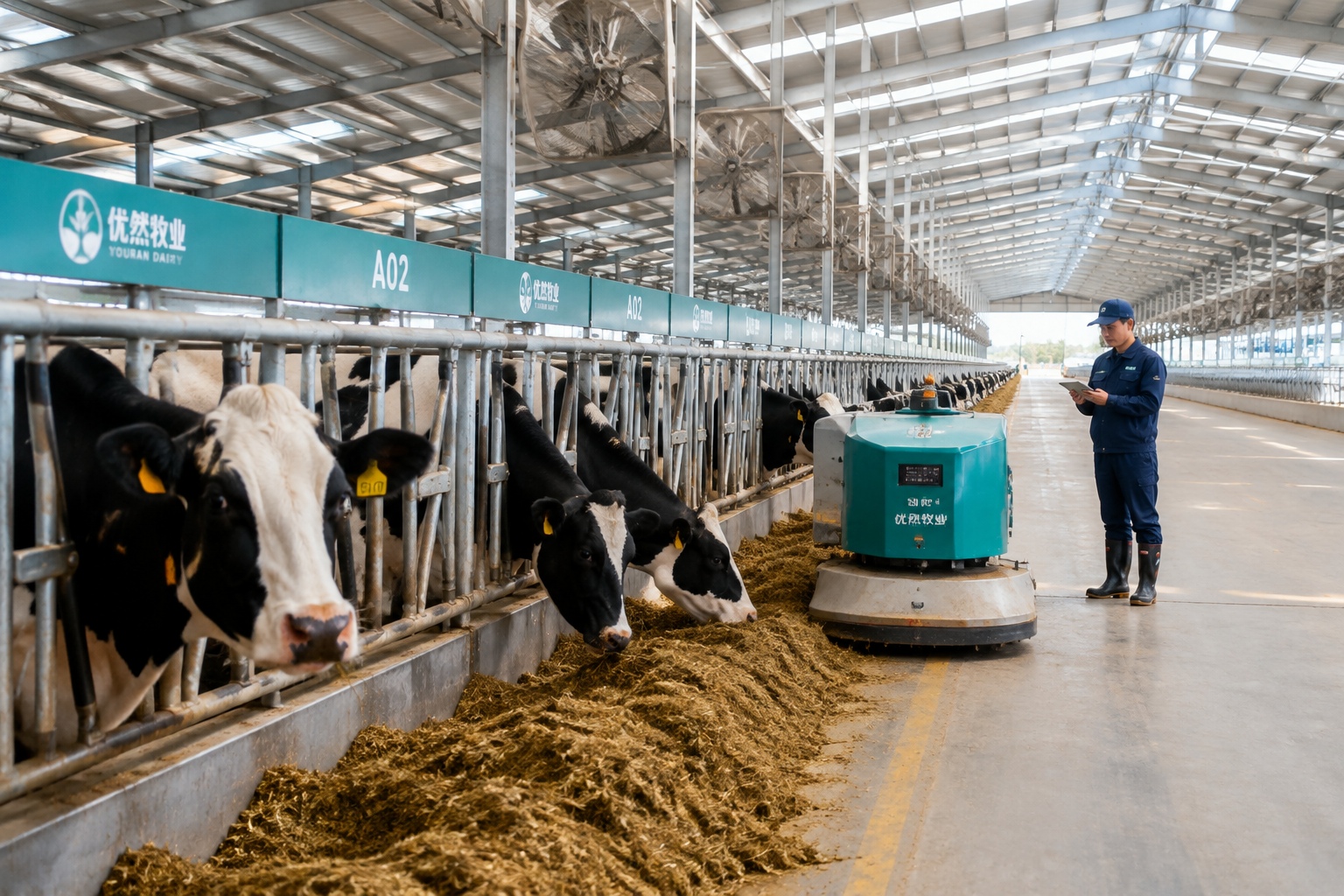 Modern dairy farm in China with automated feeding system and worker, illustrating livestock industry modernization