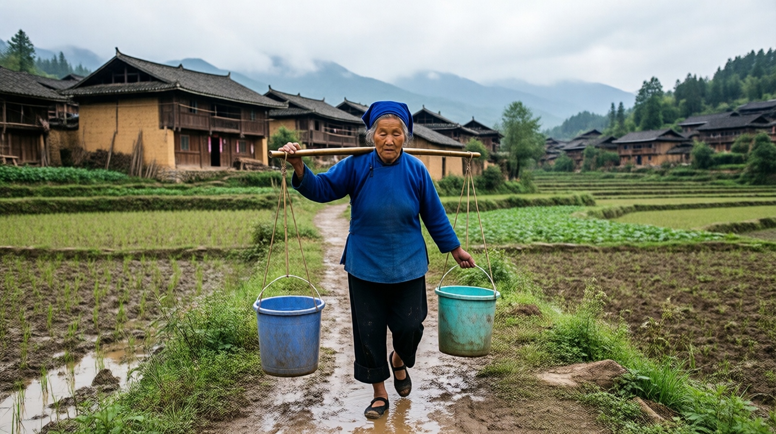 Elderly rural Chinese woman carrying water buckets on a bamboo pole on a muddy path in Yunnan province, 2015, before the village water system was installed.