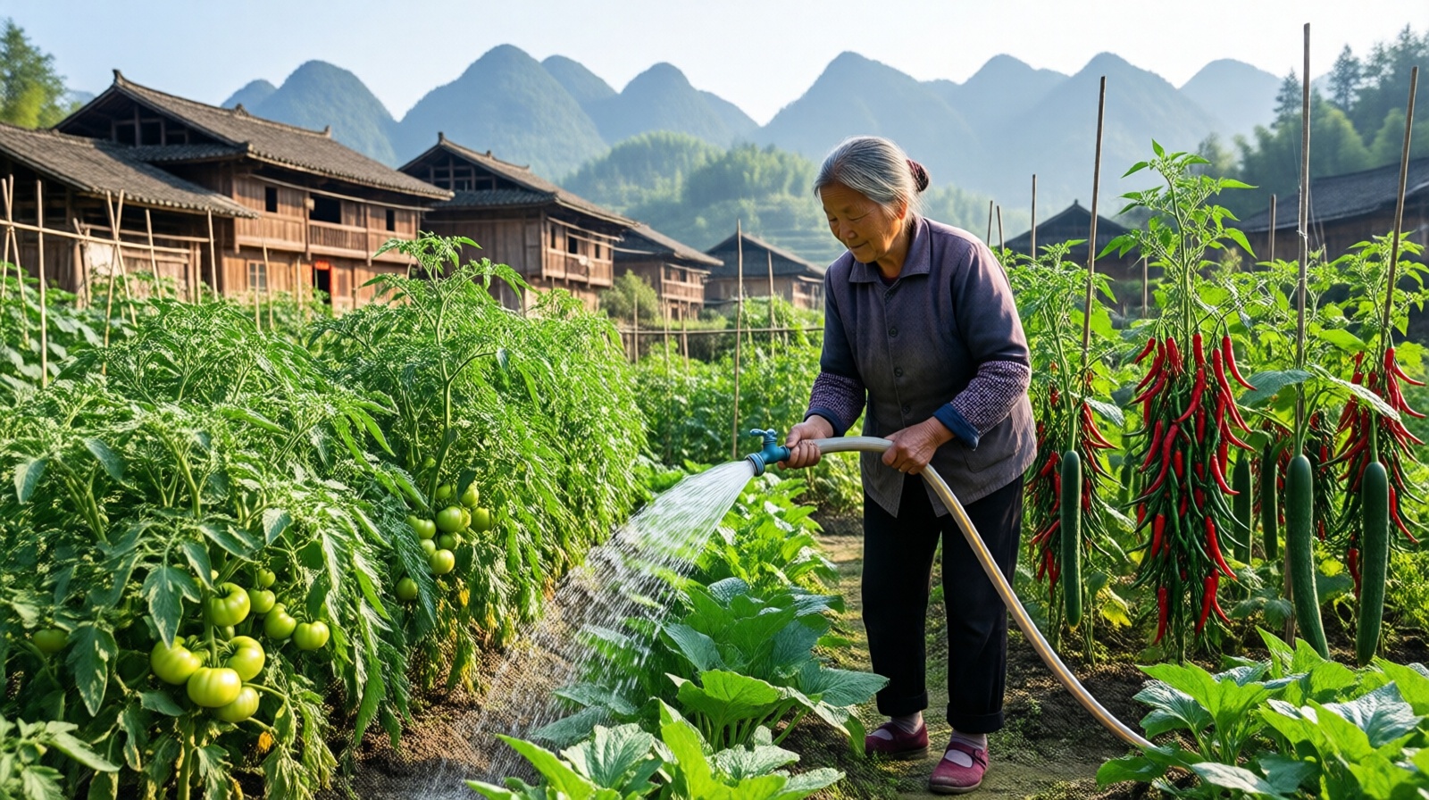 Chinese grandmother watering a vegetable garden with tap water in a rural village in Guizhou, showing improved access to clean water for agriculture.