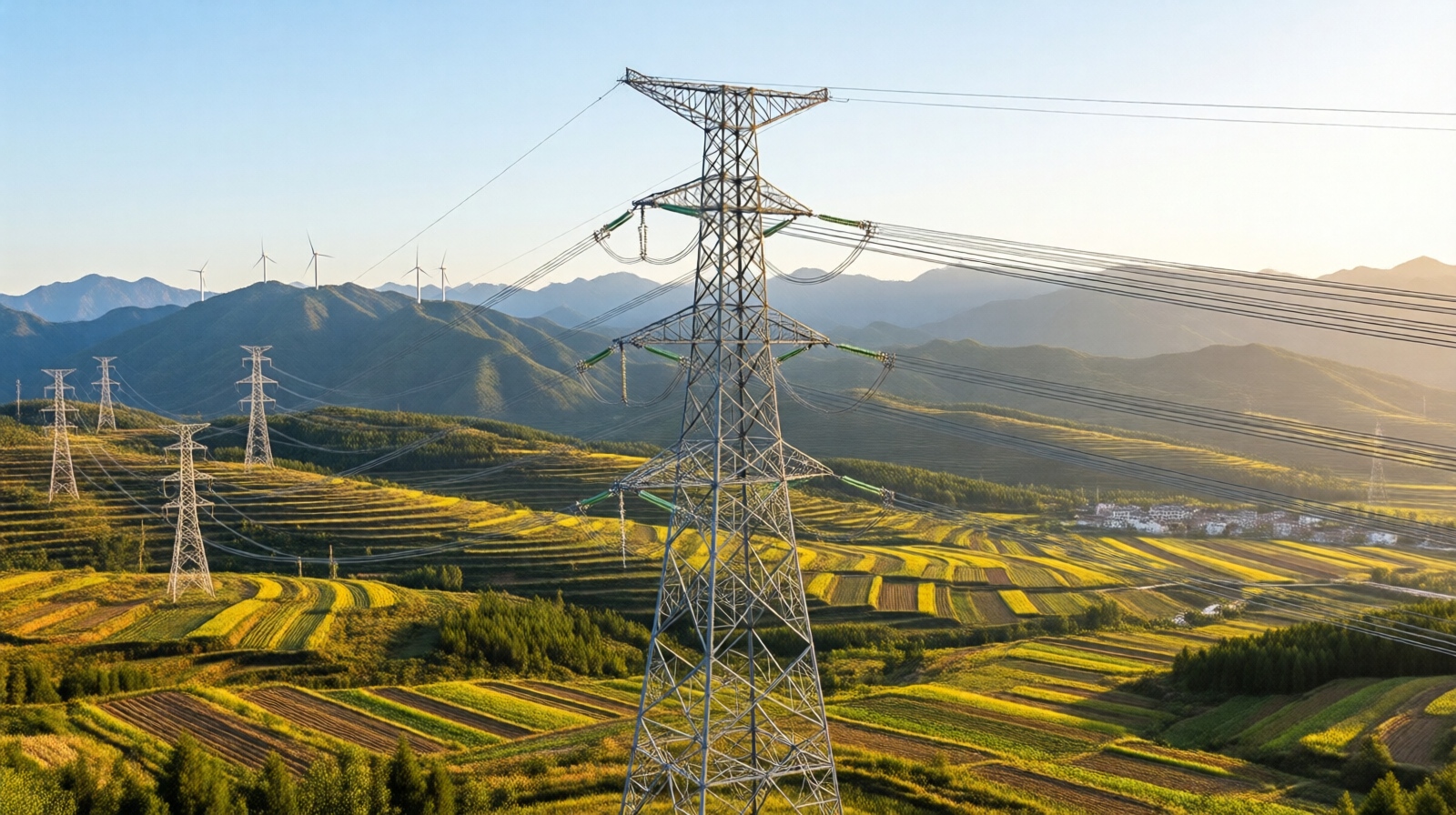 Ultra-high voltage transmission tower in rural China with wind turbines and mountains in the background, showcasing China's advanced power grid infrastructure.