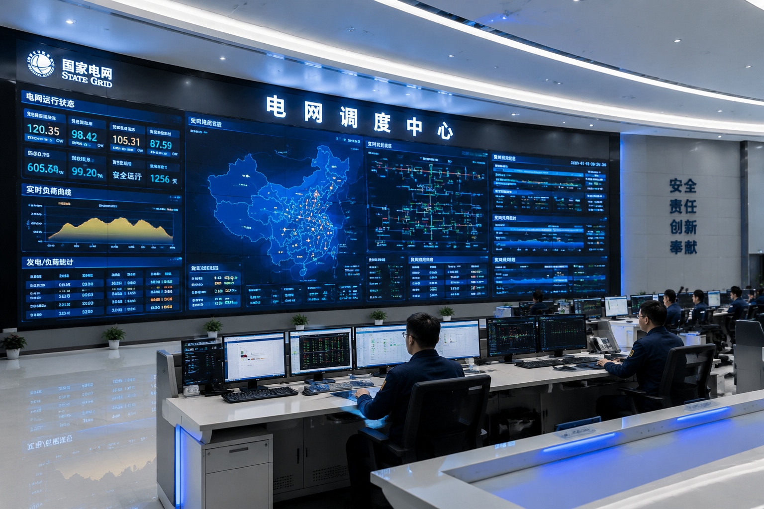 Control room of a Chinese power grid dispatch center with technicians monitoring real-time data on large screens, illustrating the smart grid management system.