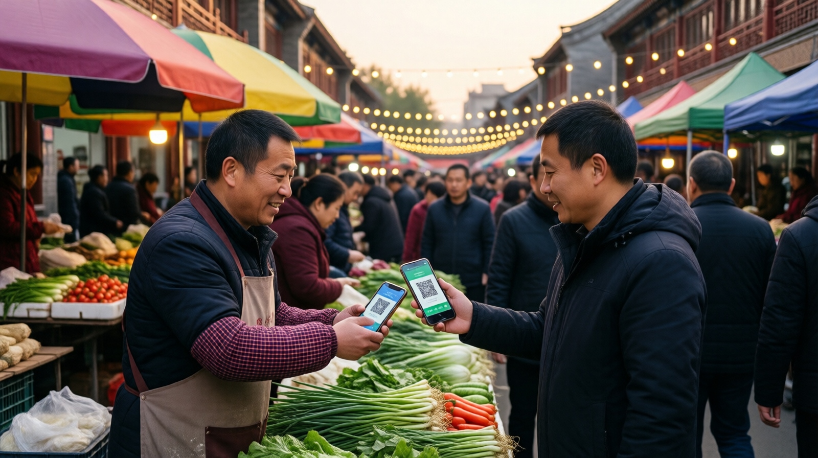 A Chinese street vendor ready to accept payment via QR code, with a customer scanning the code on the vendor's phone at a nighttime market, showing the popularity of mobile payment in everyday China.