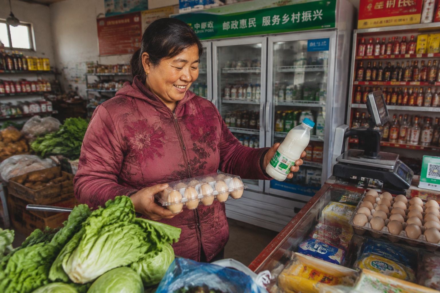 A Chinese farmer purchasing eggs and milk at a well-stocked village store in Gansu, reflecting improved food security and dietary diversity.