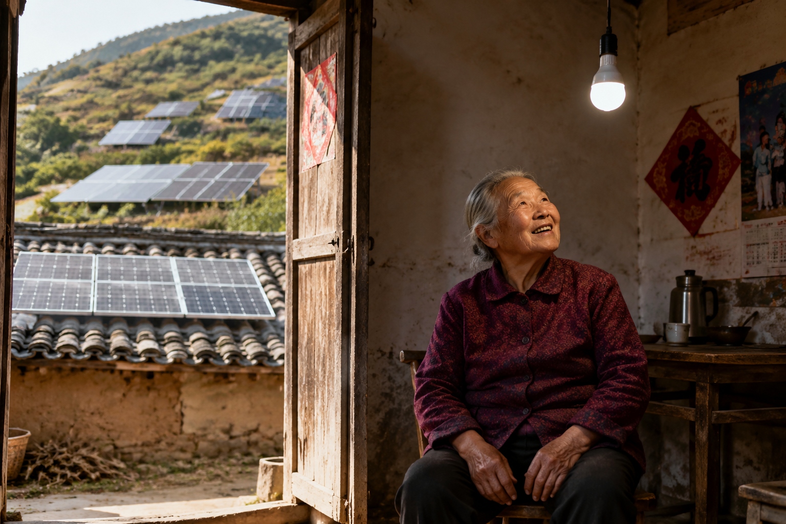 Elderly woman in a remote Chinese village smiling at a light bulb powered by solar panels visible outside her home