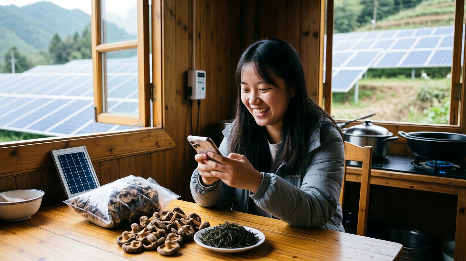 Young woman in a rural Chinese village livestreaming product sales on her smartphone, powered by solar energy