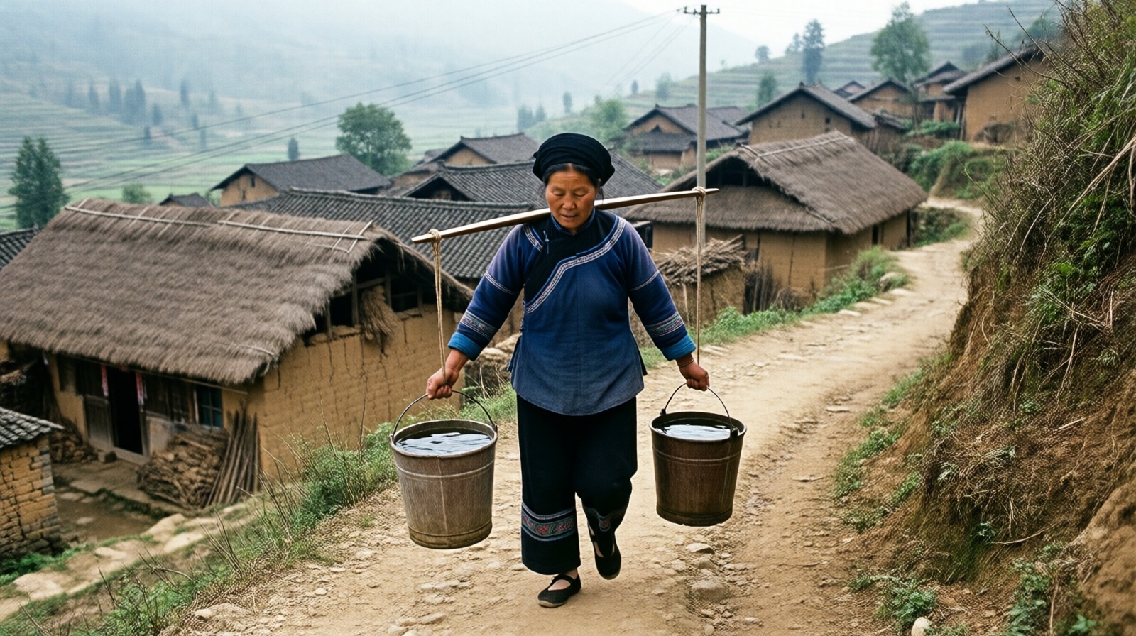A woman carrying water buckets on a shoulder pole in a remote Chinese village before piped water was available, illustrating the daily burden of water collection in rural China before infrastructure improvements.