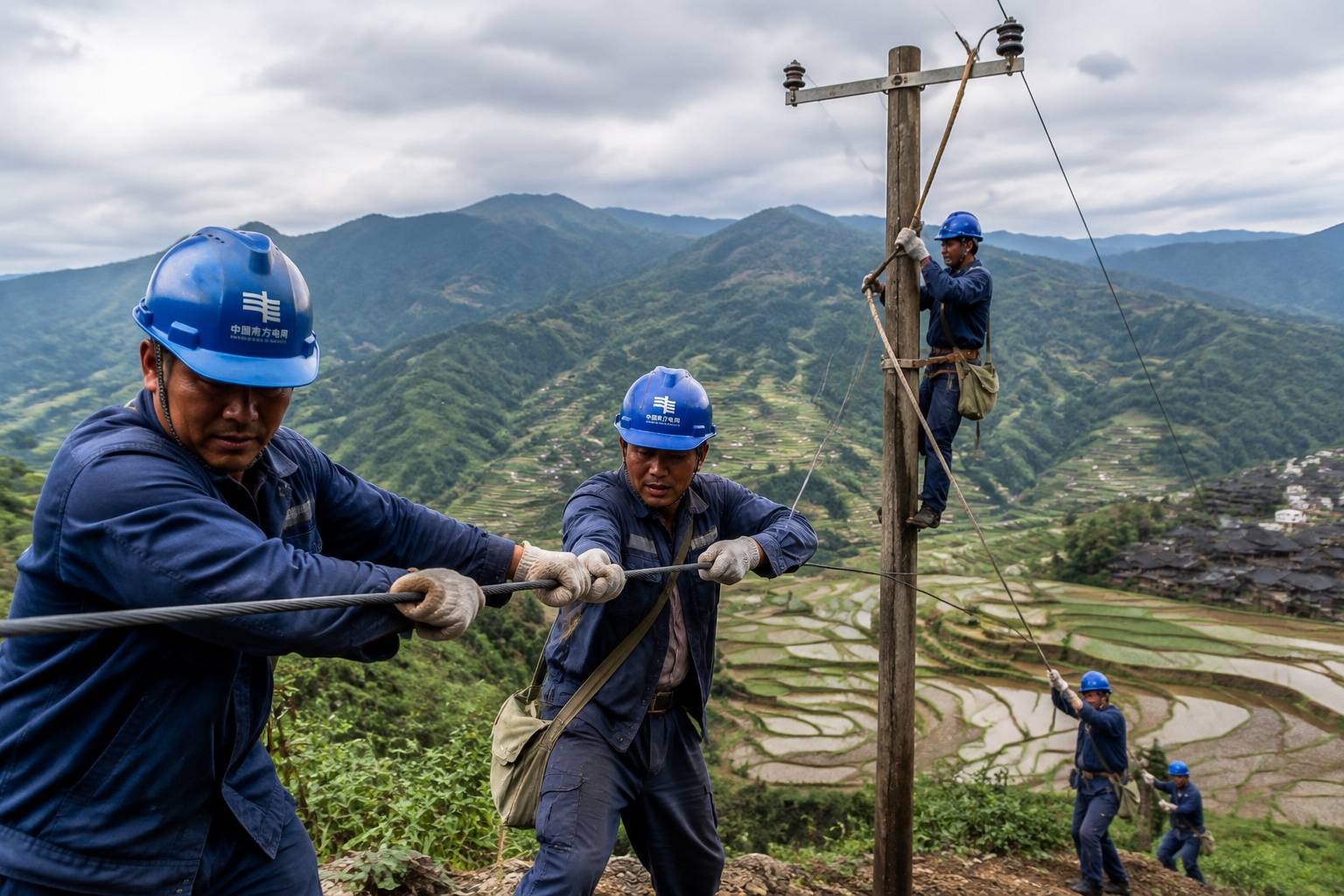 Workers installing power transmission lines in a mountainous rural area of China, part of the massive rural electrification campaign that brought electricity to nearly every household.