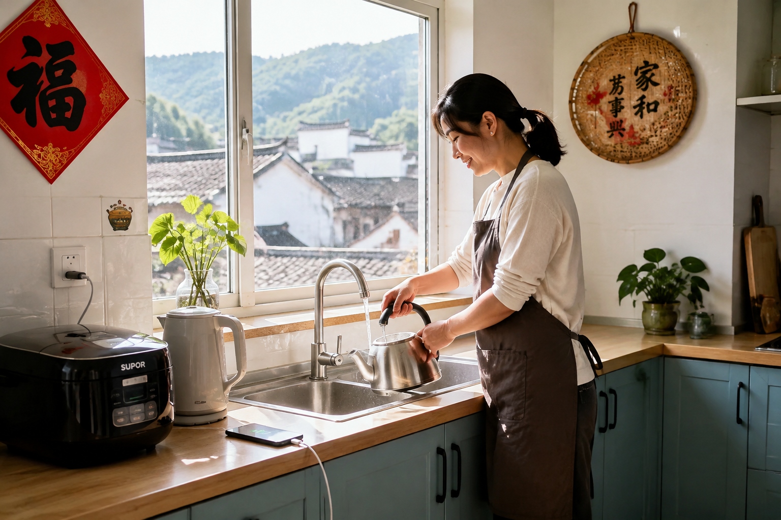 A modern kitchen in a rural Chinese home with running water, an electric rice cooker, and a smartphone charging, showing the lifestyle changes brought by reliable water and electricity infrastructure.