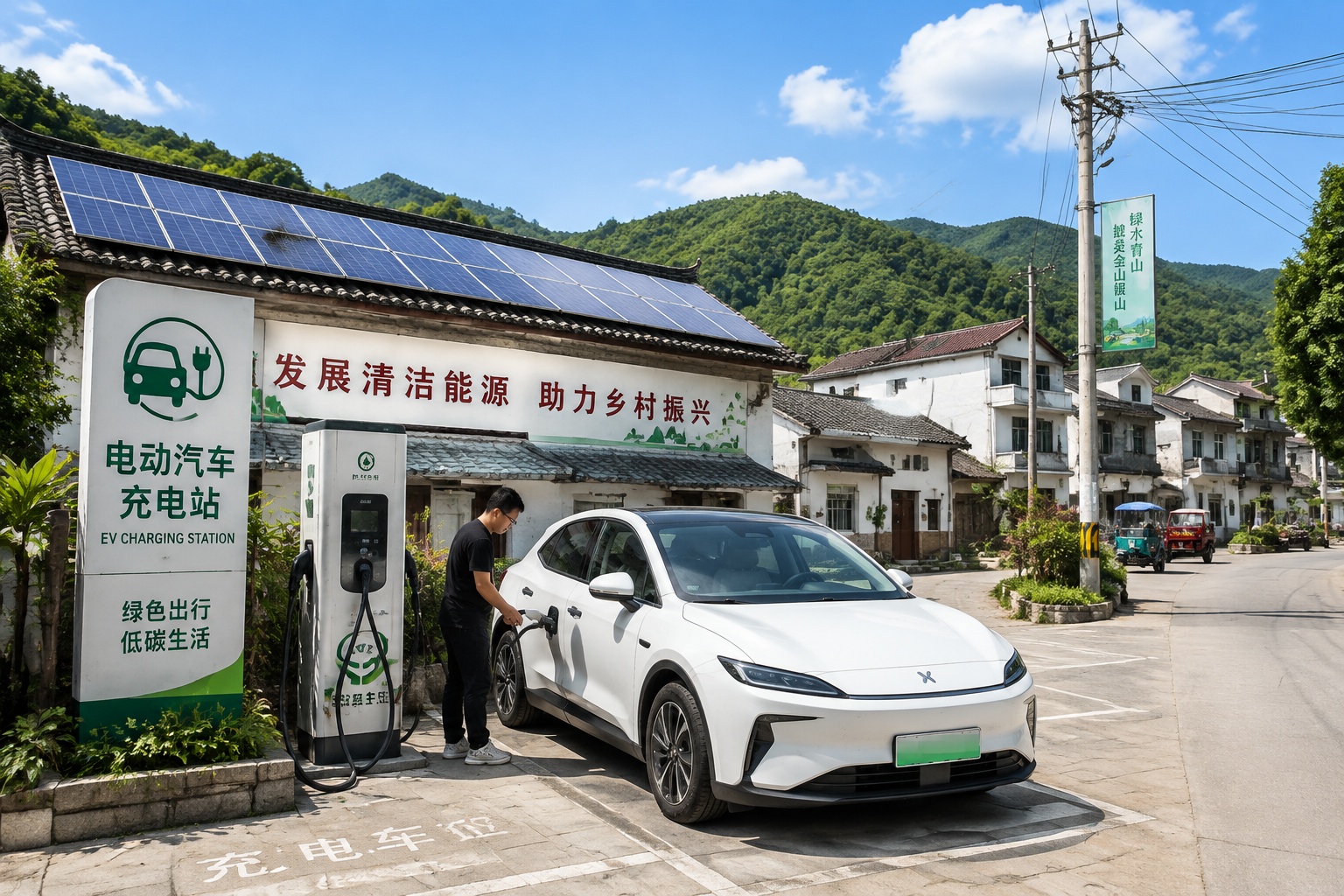An electric vehicle charging at a rural charging station in a Chinese county town, showing how stable electricity enables the adoption of clean energy even in remote areas.