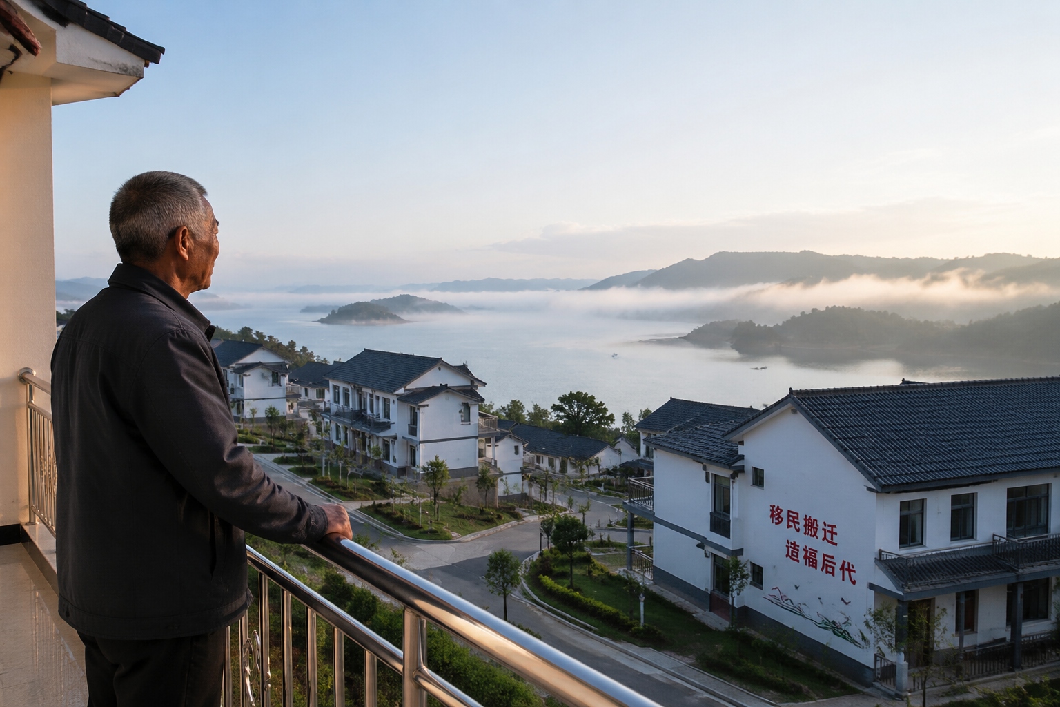 Elderly Chinese farmer Li Mingshan stands on the balcony of his new home in a resettlement town, gazing at Danjiangkou Reservoir, part of the South-to-North Water Diversion Project.